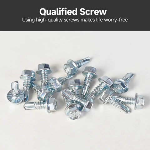 Heavy Duty Zinc Plated Sheet Metal Screws 25 Piece Set One Four By Three Quarter Inch serrated flange hex washer head screws on a white surface.