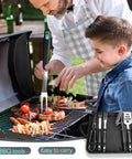 Father and son grilling with Backyard BBQ Essential 5 Piece Grill Tools Set With Heavy Duty Wire Brush Spatula Fork Tongs And Basting Brush