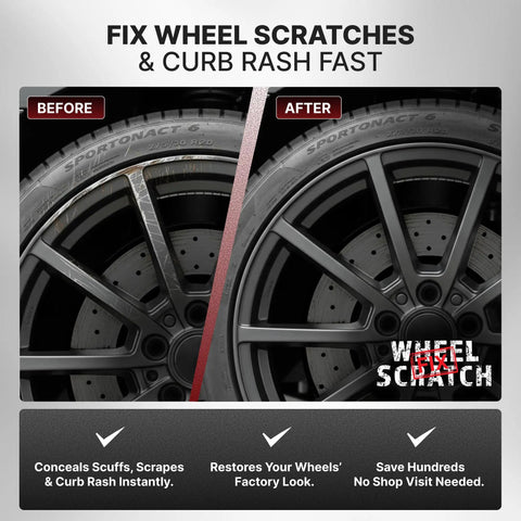 Before and after image showing Top Shelf Matte Gray Rim Touch Up Paint For Alloy Wheels And Metal Rims Diy Wheel Scratch Fix Kit results.