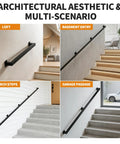 Hella Sturdy Indoor Stair Handrail 9 FT Modern Wrought Iron Railing With Dope Matte Black Powder Coated Finish Reinforced Square Design For Farmhouse Decor in loft, basement, porch, and garage settings.