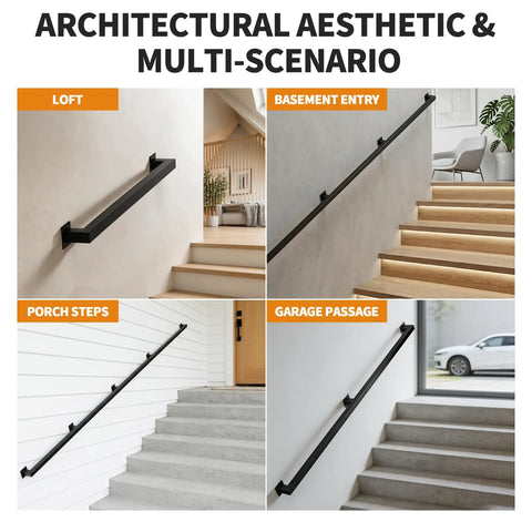 Hella Sturdy Indoor Stair Handrail 9 FT Modern Wrought Iron Railing With Dope Matte Black Powder Coated Finish Reinforced Square Design For Farmhouse Decor in loft, basement, porch, and garage settings.