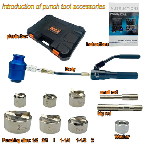 Beefy 120KN Hydraulic Knockout Hole Punch Driver Kit components, includes dies, rods, and case, for conduit punching.