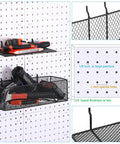 8 Pack Pegboard Baskets And Racks Set Square Style Wire Shelf Baskets with tools, installed on pegged whiteboard.
