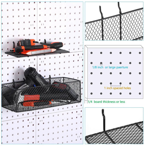 8 Pack Pegboard Baskets And Racks Set Square Style Wire Shelf Baskets with tools, installed on pegged whiteboard.