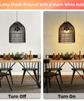 Arturesthome 3-Light Rattan Woven Bell Pendant Light for Dining Room Black illuminated and off above a dining table