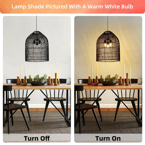 Arturesthome 3-Light Rattan Woven Bell Pendant Light for Dining Room Black illuminated and off above a dining table