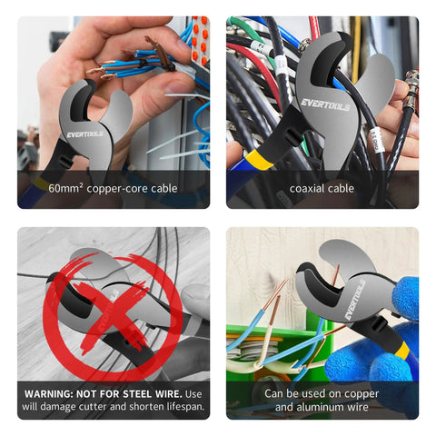 Rock Solid Heavy Duty Cable Cutter For Thick Battery Copper And Aluminum Wires With Ergonomic Comfort Grip and High Leverage Design in a hand gripping 60mm² copper core cable.