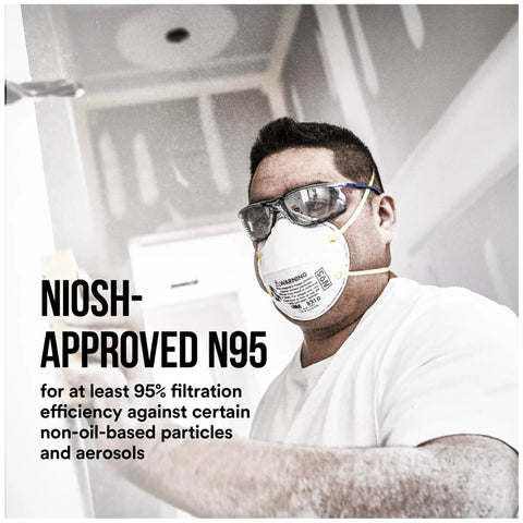 N95 Respirator Mask For Drywall Sanding All Day Comfort NIOSH Approved 95 Percent Filtration Advanced Filter Media For Easy Breathing Cushioned Nose Foam Adjustable Nose Clip Stretchable Straps 20 Pack Model 8210D20DC