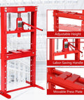 Heavy Duty 12 Ton Hydraulic H Frame Shop Press Featuring Adjustable Table And Stamping Plates For Serious Auto Mechanics And Garage Builders A True Workshop Bad Boy Done Right In Classic Red showing adjustable height and labor-saving handle.