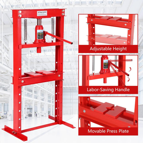 12 Ton Hydraulic H Frame Shop Press Heavy Duty Steel Work Stand With Adjustable Table and Stamping Plates, featuring adjustable height and movable press plate.