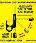 Diagram showing the adjustable tie-down feature for Heavy Duty Black Waterproof Truck Bed Tarp with patented Spider-Lock design.