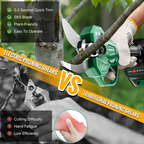 Electric pruning shears vs traditional shears, showcasing benefits of Cordless Electric Pruning Shears That Flat Out Cut Up To 2.1 Inch Branches, LCD Display, 21 Volt Brushless Motor, Dual 2000mAh Rechargeable Batteries, Two Sharp Blades, Heavy Duty Garden Tool For Quick Yard Work