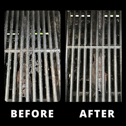 Bristle Free Grill Scraper Head Replaceable Cleaning Tool For Cast Iron And Stainless Steel Grates Safe Durable BBQ Cleaner 2 In 1 Grate Scraper No Bristles No Worries Easy To Replace before and after cleaning comparison