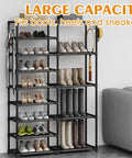 Tall Garage Shoe Rack Holds 28 To 32 Pairs Shoes And Boots With Two Rows And Versatile Hooks In Black for organization.