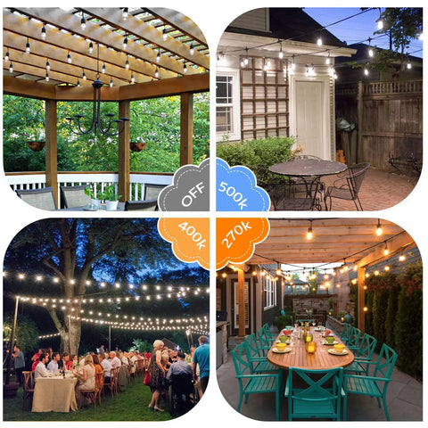 Four outdoor settings featuring Two Pack 96 Foot Outdoor String Lights With Remotes Dimmable 3 Color LED Warm White Neutral White Daylight 2700K 4000K 5000K Waterproof Shatterproof Edison Bulbs For Patio Backyard Bash Parties.