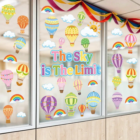 Colorful Hot Air Balloon Window Clings Set for Back to School Decor Double Sided Classroom Glass Decals with The Sky is the Limit text