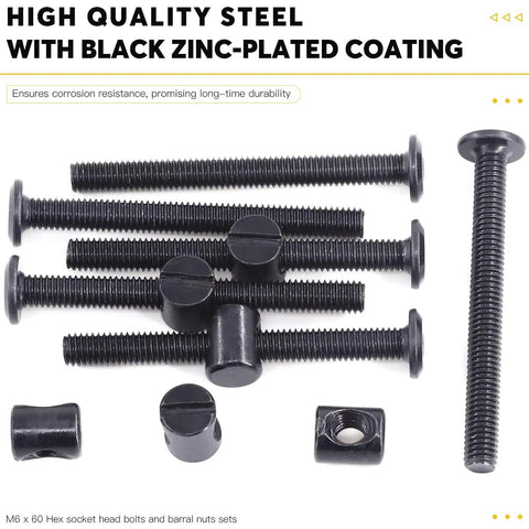 Built Tough M6 X 60mm Hex Socket Cap Bolts And Barrel Nuts Kit With Allen Key includes black zinc-plated bolts and nuts.