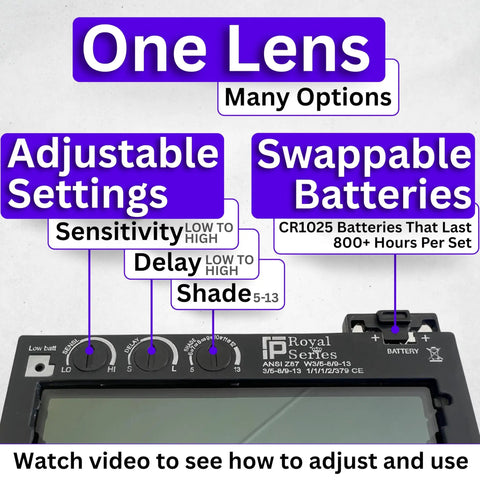 Shade 5 To 13 Adjustable Gold Auto Darkening Welding Lens With Deep Blue Weld View, buttons showing settings and features