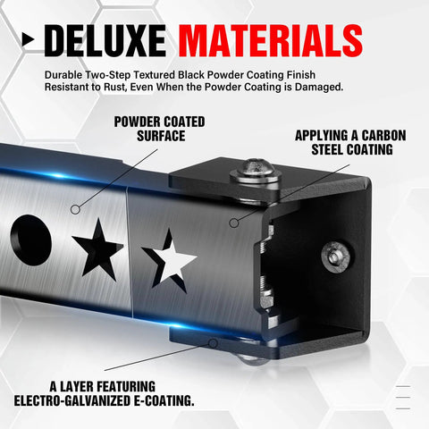 Tough As Nails Steel Tailgate Hinge Set Heavy Duty Reinforced Rear Door Brackets close-up of black powder coated hinge material.