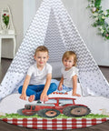 Kids sitting on Farm Tractor Round Rugs For Bedroom And Living Room Soft Flannel Circle Carpet Machine Washable And Non Slip Backing Red Checkered Design Cozy Nursery And Dorm Decor 80CM