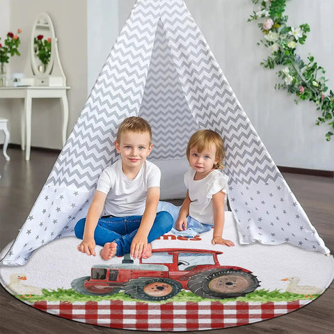 Kids sitting on Farm Tractor Round Rugs For Bedroom And Living Room Soft Flannel Circle Carpet Machine Washable And Non Slip Backing Red Checkered Design Cozy Nursery And Dorm Decor 80CM