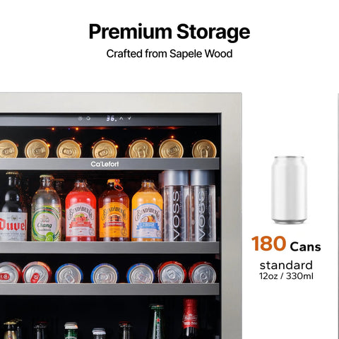 24 Inch Beverage Refrigerator With Glass Door For Home Kitchen Holds 140 To 180 Cans Temperature Range 34 To 54 F Built In Or Freestanding Cooler Three Adjustable Shelves Quiet Led Lighting Easy Access Drink Fridge showcasing interior.