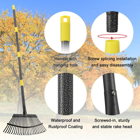 65 Inch Adjustable Leaf Rake With Long Handle And 25 Metal Tines 18 Inch Wide Yard Rake For Leaves And Grass Clippings Heavy Duty Steel Build For Debris Cleanup Garden Lawn Raking Tool features