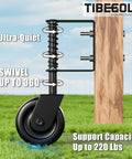 Heavy Duty 4.3 Inch Gate Wheels Black Outdoor Fence Casters With 360 Degree Swivel Spring Loaded Design That Rolls Like Butter Takes The Strain Off Posts Quick Fit 2 Pack, close-up of swivel spring and wheel.