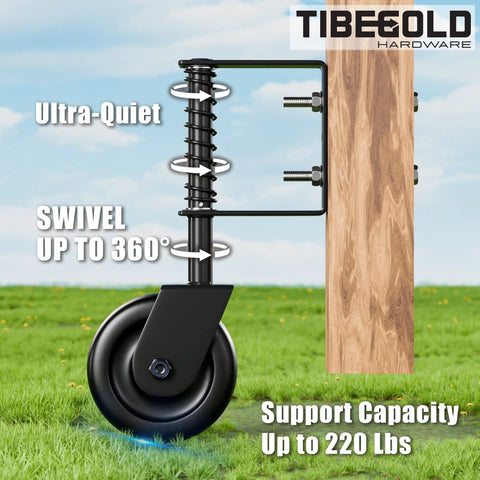 Heavy Duty 4.3 Inch Gate Wheels Black Outdoor Fence Casters With 360 Degree Swivel Spring Loaded Design That Rolls Like Butter Takes The Strain Off Posts Quick Fit 2 Pack, close-up of swivel spring and wheel.