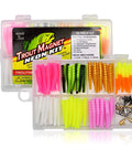 Neon 82 Piece Fishing Kit With Grub Bodies And Hooks For Freshwater Angling, All In One Tackle Set in a clear plastic box
