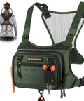 Bait Boss Water-Resistant Fishing Chest Pack With EVA Zip-Down Workstation, olive green, front view, adjustable chest straps