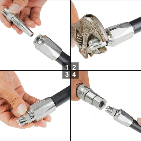 Two Pack 3/8 Inch Reusable Hydraulic Fittings For 3/8 Inch ID Hose Repair Kit Size Six Single Wire Hose Replacement Fittings For Double Wire Braided Hydraulic Hoses shown being installed on hoses.