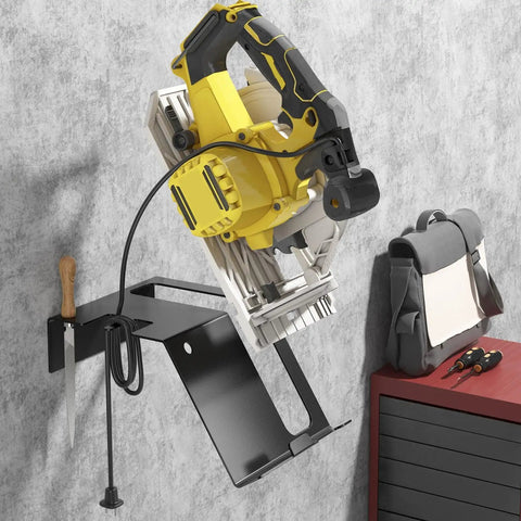 Heavy Duty Circular Saw Rack And Tool Organizer, Rust Resistant Steel Holder in garage wall with saw and tools