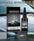 Windshield Crack Repair Kit Two Pack With 30ml Liquid Resin And UV Film Quick Fix For Chips Stars And Bullseyes All Glass Repair Tool package and resin bottle on car hood.
