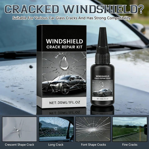 Windshield Crack Repair Kit Two Pack With 30ml Liquid Resin And UV Film Quick Fix For Chips Stars And Bullseyes All Glass Repair Tool package and resin bottle on car hood.