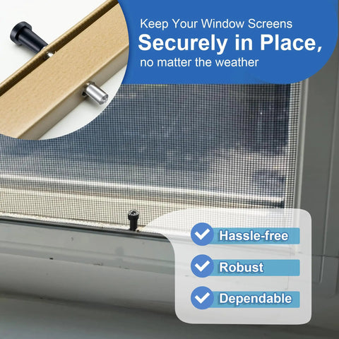 Bulletproof Window Screen Plunger Latches With Black Locking Caps Keeps Screens Locked Tight Beats Flimsy Plastic Pins Rock Solid DIY Upgrade Easy Eight Pack Replacement, showing secure installation in window.