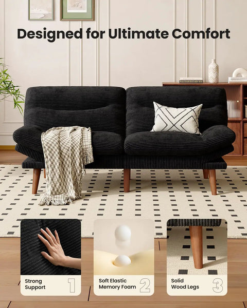 66 Inch Convertible Futon Sofa Bed With Corduroy Upholstery, Adjustable Backrest And Armrests, Solid Wood Frame, Black