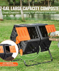 Dual Chamber Tumbler Compost Bin 37 Gallon Outdoor Rotating Bin with Sliding Doors and Steel Frame in a garden setting.