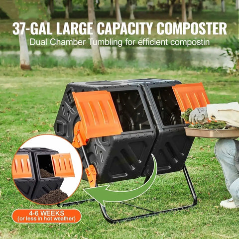 Dual Chamber Tumbler Compost Bin 37 Gallon Outdoor Rotating Bin with Sliding Doors and Steel Frame in a garden setting.