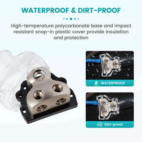 2 Way Car Audio Power And Ground Distribution Block With 0 2 4 Gauge Input And 4 8 Gauge Output For Amplifier Wiring Heavy Duty Ground Splitter For Auto Stereo System Easy Install And Reliable Protection, waterproof cover