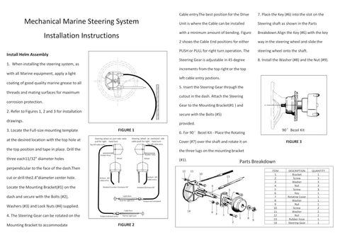 Mechanical marine steering system installation instructions for 14 Ft Boat Steering Control Cable With 12.5 Inch Wheel Rotary Outboard System Kit Beefed Up Marine Steering Replacement For Mechanical Manual Steering On Yachts And Fishing Boats Plug And Play Easy To Install, featuring detailed diagrams and parts breakdown.