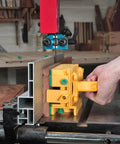 Person using GRR-RIPPER Advanced 3D Pushblock With Handle Bridge Kit on a table saw for safer precision cuts.