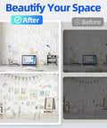 Before and after display of Kickass 12 Pack Hexagon Acoustic Panels For Walls on a workspace wall.