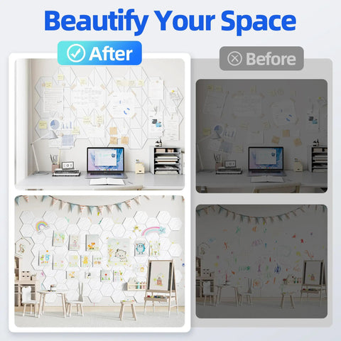 Before and after display of Kickass 12 Pack Hexagon Acoustic Panels For Walls on a workspace wall.