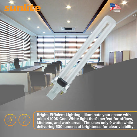 2-Pin Fluorescent 9W 4100K Cool White U Shaped PL CFL Twin Tube Light Bulb G23 Base in Office Setting