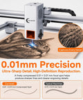 Dope 20W Laser Engraver And Cutter engraving a cat image on wood with 0.01mm precision, showing detailed work and comparison chart