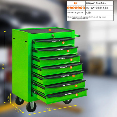Heavy Duty Freestanding Storage Cabinet With Smooth Rollin Parking Brakes And Ball Bearing Slides For Crazy Convenient Garage Workspace Organization In Sage Green, showing 8 drawers and dimensions.