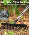 Heavy Duty Garden Rake For Leaves And Grass Care With A 17 Tine Metal Head And Adjustable Stainless Steel Handle