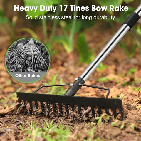 Heavy Duty Garden Rake For Leaves And Grass Care With A 17 Tine Metal Head And Adjustable Stainless Steel Handle