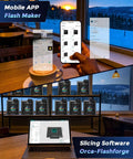 Mobile APP Flash Maker and Orca-Flashforge Slicing Software displayed on smartphone and laptop in a cozy coffee shop setting.